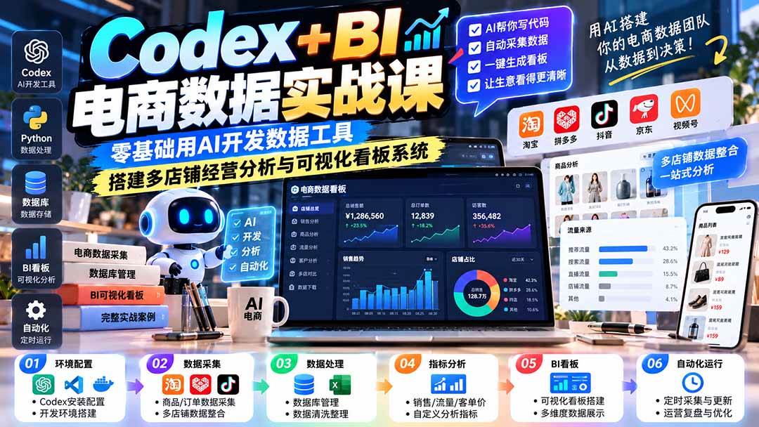 （20665期）Codex+BI电商数据实战课：零基础用AI开发数据工具，搭建多店铺经营分析与可视化看板系统-知行阁轻创网-分享网络赚钱项目-全网首发副业项目实操平台-副业创业项目网