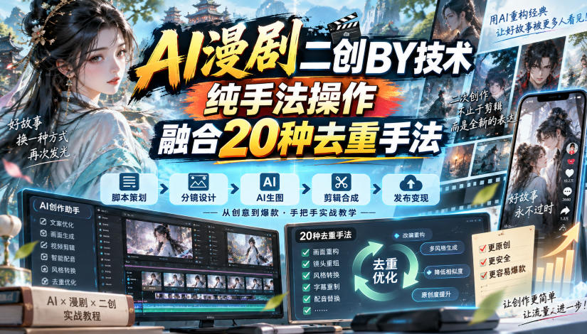 AI漫剧二创搬运技术，纯手法操作，融合20种去重手法-知行阁轻创网-分享网络赚钱项目-全网首发副业项目实操平台-副业创业项目网