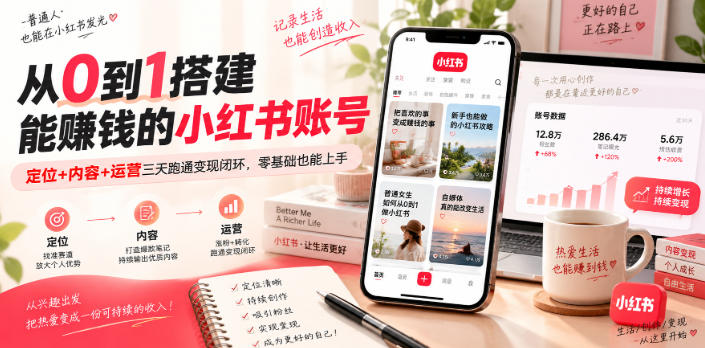 从0到1搭建能賺钱的小红书账号，定位+内容+运营三天跑通变现闭环-知行阁轻创网-分享网络赚钱项目-全网首发副业项目实操平台-副业创业项目网