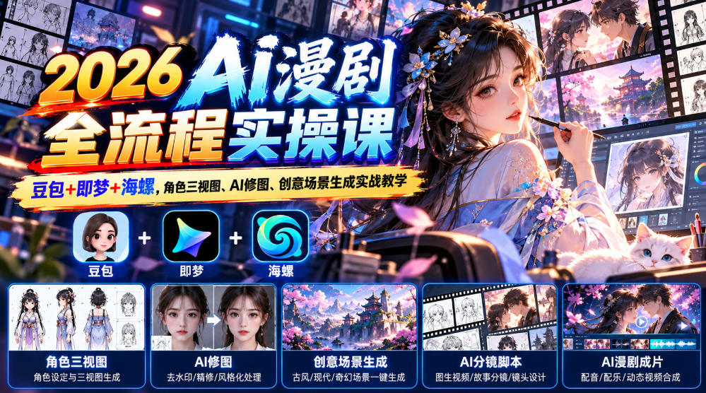【无水印】2026 AI漫剧全流程实操课|豆包+即梦+海螺,角色三视图、AI修图、创意场景生成实战教学 【无水印】2026 AI漫剧全流程实操课|豆包+即梦+海螺,角色三视图、AI修图、创意场景生成实战教学
