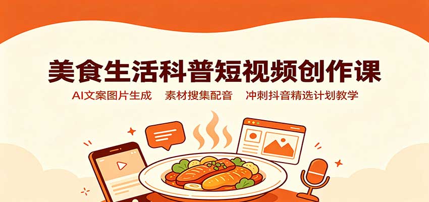 美食生活科普短视频创作课：AI文案图片生成，素材搜集配音，冲刺抖音精选计划教学-知行阁轻创网-分享网络赚钱项目-全网首发副业项目实操平台-副业创业项目网