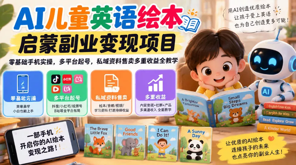 AI儿童英语绘本启蒙副业变现项目，零基础手机实操，多平台起号，私域资料售卖多重收益全教学-知行阁轻创网-分享网络赚钱项目-全网首发副业项目实操平台-副业创业项目网