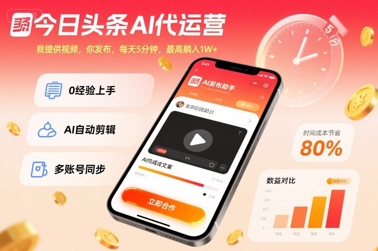 今日头条AI代运营，我提供视频，你发布，每天5分钟，最高躺入1W+【揭秘】-知行阁轻创网-分享网络赚钱项目-全网首发副业项目实操平台-副业创业项目网