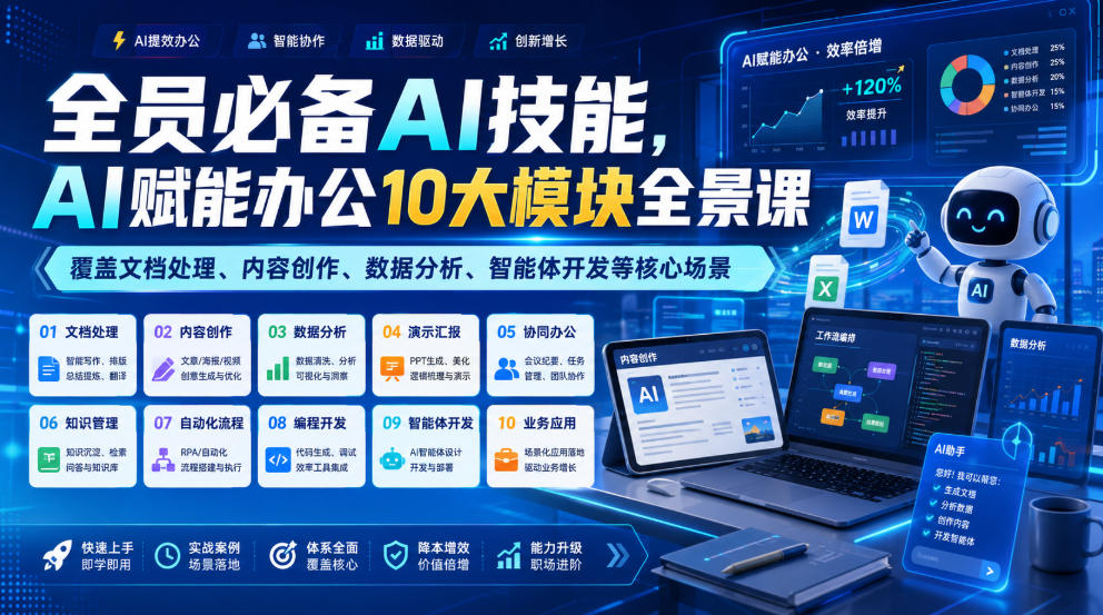 全员必备AI技能，AI赋能办公10大模块全景课，覆盖文档处理、内容创作、数据分析、智能体开发等核心场景-知行阁轻创网-分享网络赚钱项目-全网首发副业项目实操平台-副业创业项目网