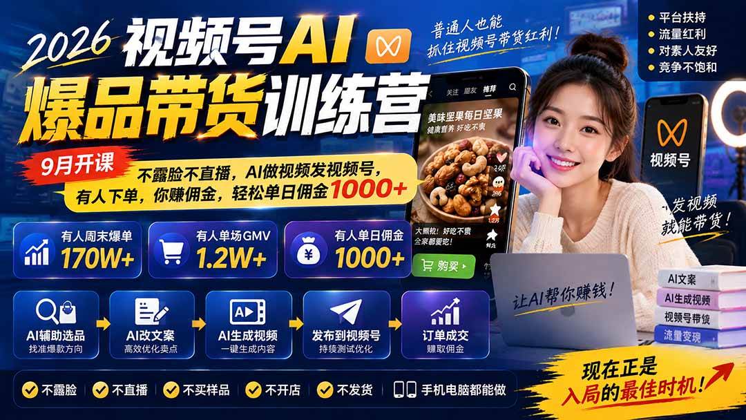 （20537期）2026视频号AI爆品带货训练营-9月开课｜不露脸不直播，AI做视频发视频号，有人下单，你赚佣金，轻松单日佣金1000+