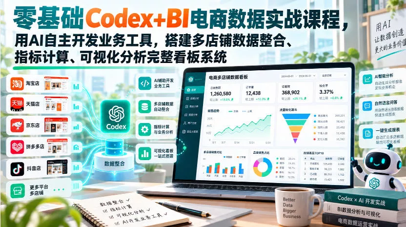 零基础Codex+BI电商数据实战课程，用AI自主开发业务工具，搭建多店铺数据整合、指标计算、可视化分析完整看板系统-知行阁轻创网-分享网络赚钱项目-全网首发副业项目实操平台-副业创业项目网