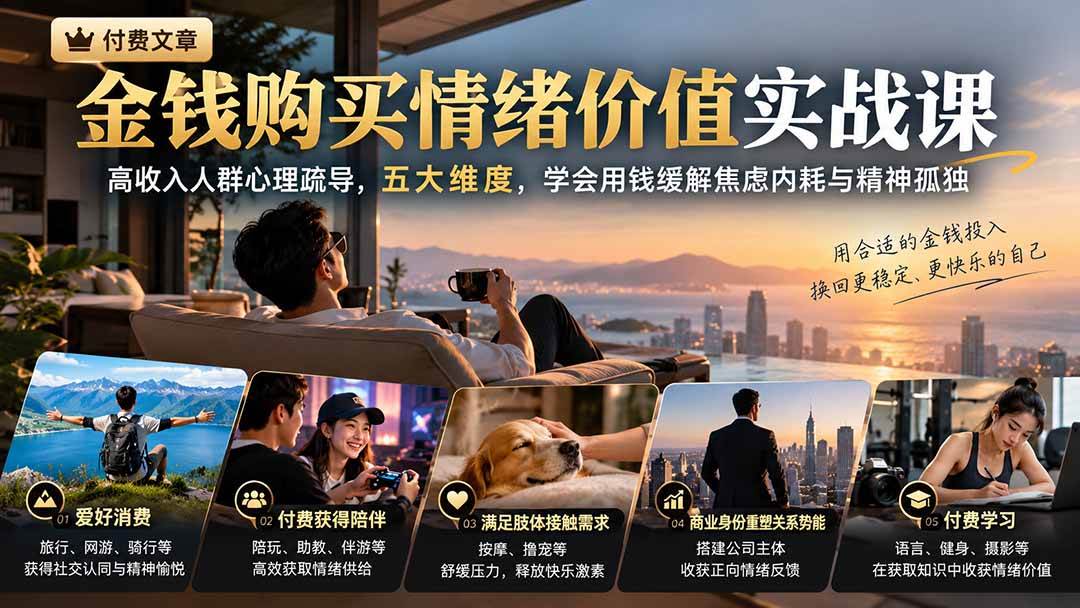 （20941期）付费文章：金钱购买情绪价值实战课｜高收入人群心理疏导，五大维度，学会用钱缓解焦虑内耗与精神孤独-知行阁轻创网-分享网络赚钱项目-全网首发副业项目实操平台-副业创业项目网