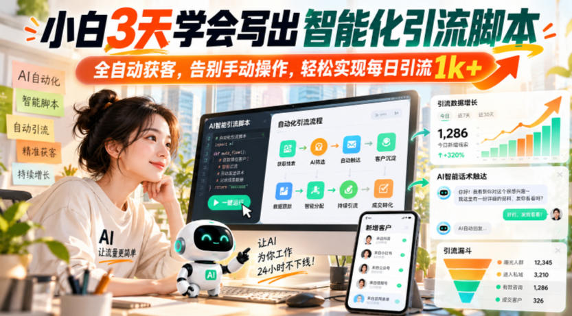 小白3天学会写出智能化引流脚本，全自动获客，告别手动操作，轻松实现每日引流1k+-知行阁轻创网-分享网络赚钱项目-全网首发副业项目实操平台-副业创业项目网