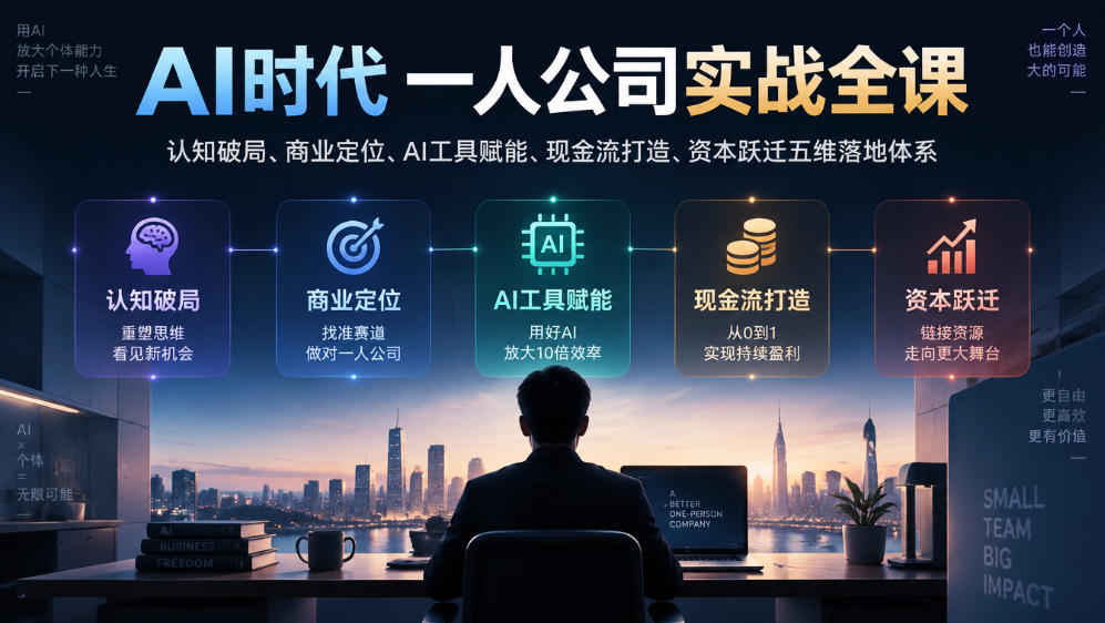 AI时代一人公司实战全课｜认知破局、商业定位、AI工具赋能、现金流打造、资本跃迁五维落地体系-知行阁轻创网-分享网络赚钱项目-全网首发副业项目实操平台-副业创业项目网