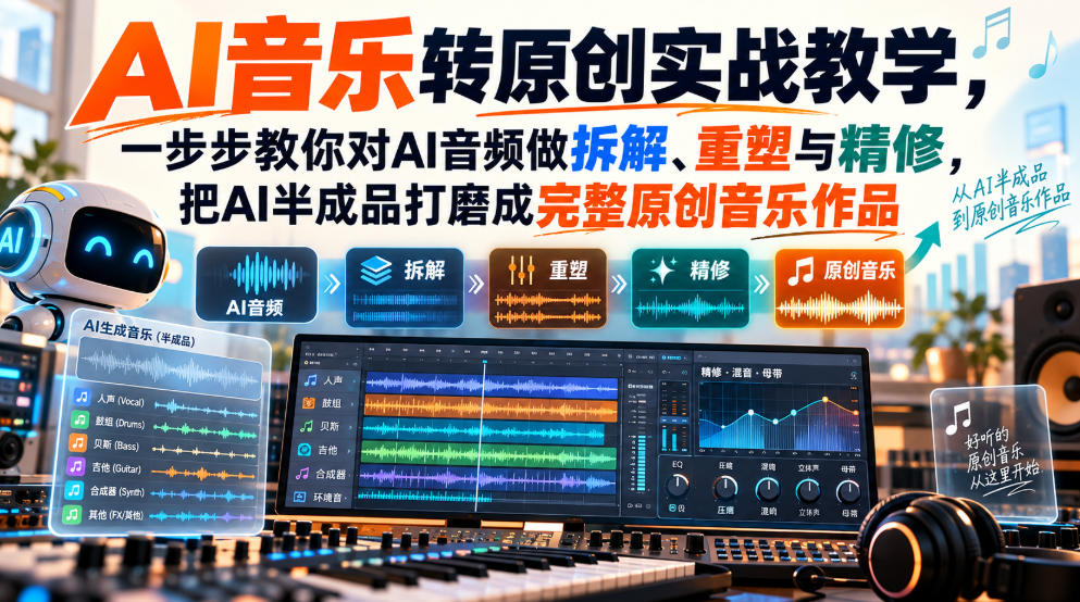 AI音乐转原创实战教学,一步步教你对AI音频做拆解、重塑与精修,把AI半成品打磨成完整原创音乐作品-知行阁轻创网-分享网络赚钱项目-全网首发副业项目实操平台-副业创业项目网