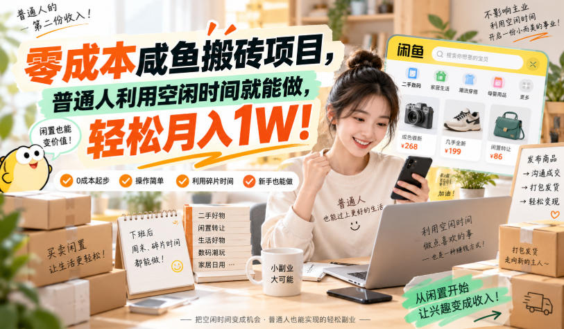 零成本咸鱼搬砖项目，普通人利用空闲时间就能做，轻松月入1W！【揭秘】-知行阁轻创网-分享网络赚钱项目-全网首发副业项目实操平台-副业创业项目网