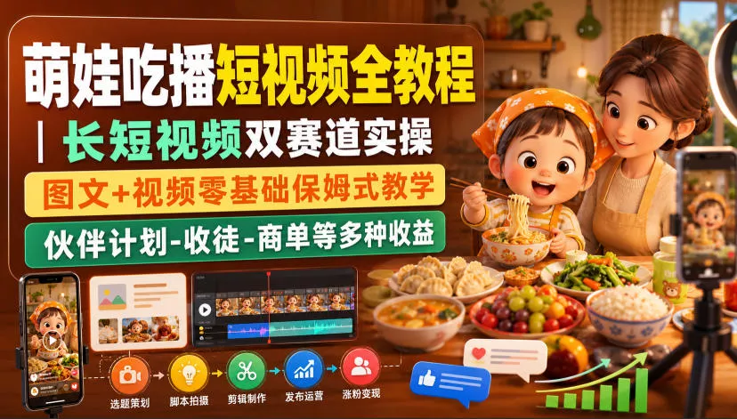 萌娃吃播短视频全教程|长短视频双赛道实操,图文+视频零基础保姆式教学,伙伴计划-收徒-商单等多种变现方式 萌娃吃播短视频全教程|长短视频双赛道实操,图文+视频零基础保姆式教学,伙伴计划-收徒-商单等多种变现方式