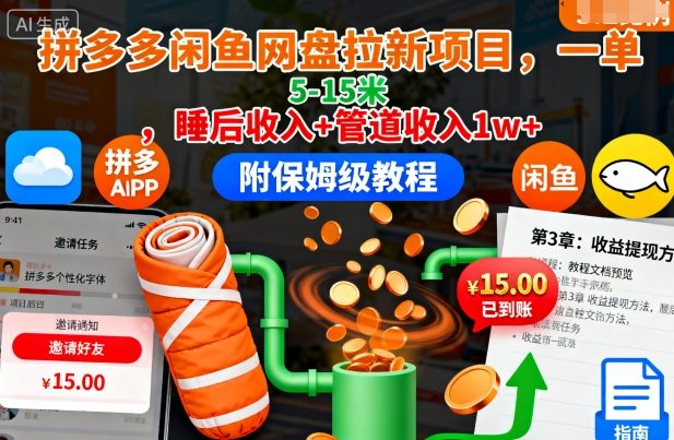 拼多多闲鱼网盘拉新项目，一单5-15米，睡后收入+管道收入1w+(附保姆级教程)-知行阁轻创网-分享网络赚钱项目-全网首发副业项目实操平台-副业创业项目网