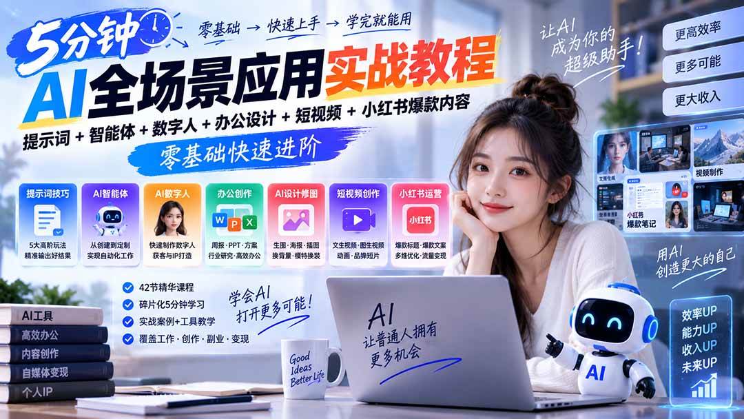 （20493期）AI全场景应用实战教程｜提示词+智能体+数字人+办公设计+短视频+小红书爆款内容，零基础快速进阶-知行阁轻创网-分享网络赚钱项目-全网首发副业项目实操平台-副业创业项目网
