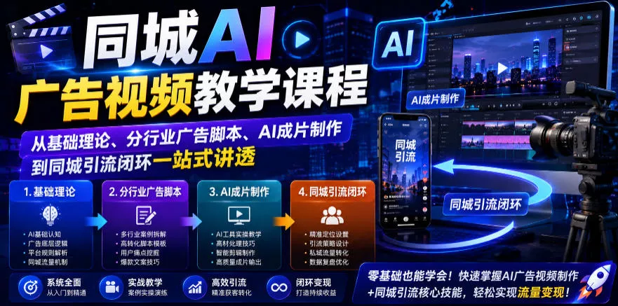 同城AI广告视频教学课程，从基础理论、分行业广告脚本、AI成片制作到同城引流闭环一站式讲透-知行阁轻创网-分享网络赚钱项目-全网首发副业项目实操平台-副业创业项目网