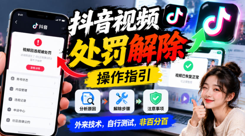 抖音视频处罚解除操作指引，外来技术，自行测试，非百分百-知行阁轻创网-分享网络赚钱项目-全网首发副业项目实操平台-副业创业项目网