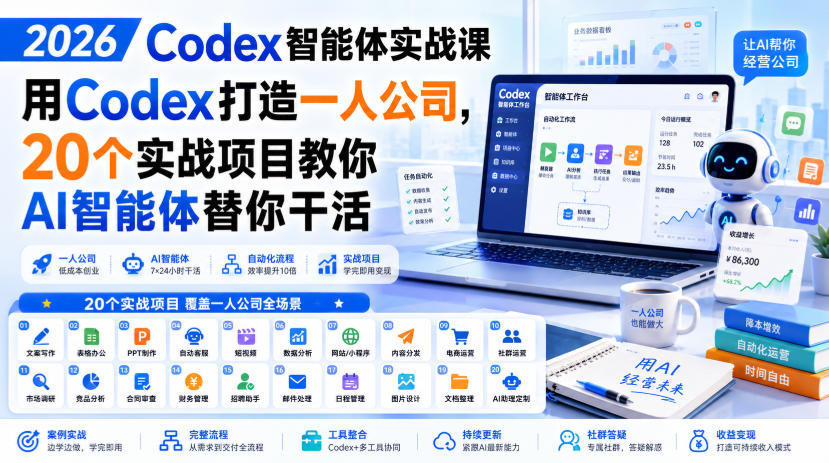 2026 Codex智能体实战课，用Codex打造一人公司，20个实战项目教你AI智能体替你干活-知行阁轻创网-分享网络赚钱项目-全网首发副业项目实操平台-副业创业项目网