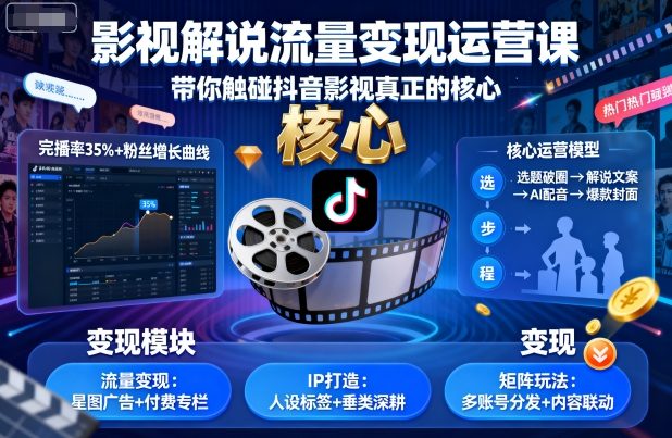 影视解说流量变现运营课，带你触碰抖音影视真正的核心-知行阁轻创网-分享网络赚钱项目-全网首发副业项目实操平台-副业创业项目网