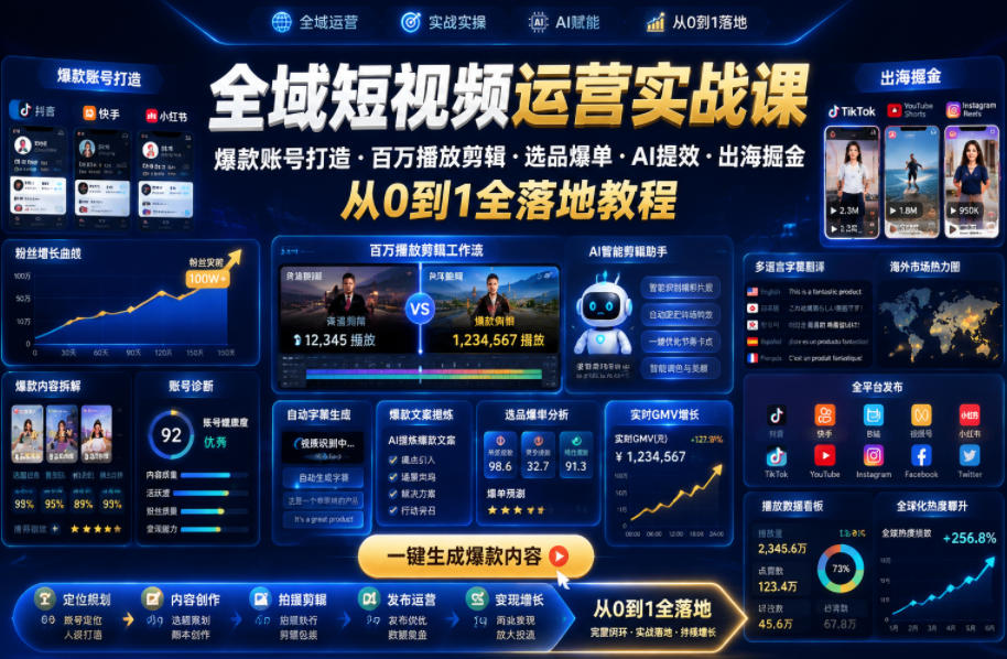 全域短视频运营实战课,爆款账号打造・百万播放剪辑・选品爆单・AI提效・出海掘金,从0到1全落地教程-知行阁轻创网-分享网络赚钱项目-全网首发副业项目实操平台-副业创业项目网