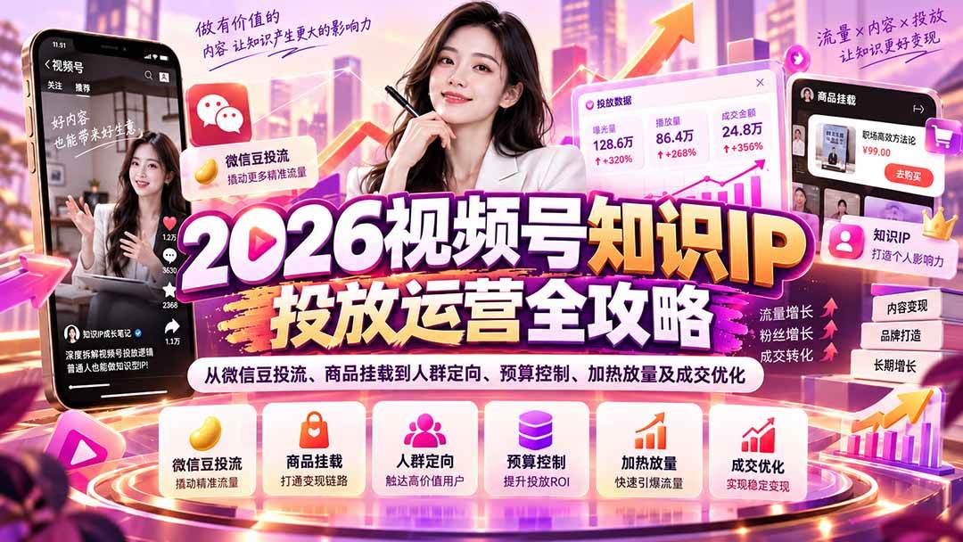 （20860期）2026视频号知识IP投放运营全攻略：从微信豆投流、商品挂载到人群定向、预算控制、加热放量及成交优化-知行阁轻创网-分享网络赚钱项目-全网首发副业项目实操平台-副业创业项目网