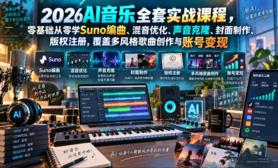 2026AI音乐实战课程，零基础从零学Suno编曲、混音优化、声音克隆、版权注册，覆盖多风格歌曲创作与账号变现-知行阁轻创网-分享网络赚钱项目-全网首发副业项目实操平台-副业创业项目网