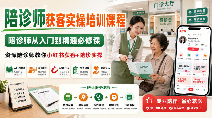 陪诊师获客实操培训课程，陪诊师从入门到精通必修课，资深陪诊师教你小红书获客+陪诊实操-知行阁轻创网-分享网络赚钱项目-全网首发副业项目实操平台-副业创业项目网