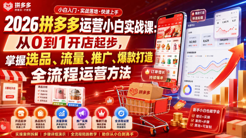 2026拼多多运营小白实战课：从0到1开店起步，掌握选品、流量、推广、爆款打造全流程运营方法-知行阁轻创网-分享网络赚钱项目-全网首发副业项目实操平台-副业创业项目网
