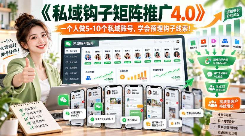 【无水印】《私域钩子矩阵推广4.0》一个人做5-10个私域账号，学会预埋钩子线索！-知行阁轻创网-分享网络赚钱项目-全网首发副业项目实操平台-副业创业项目网