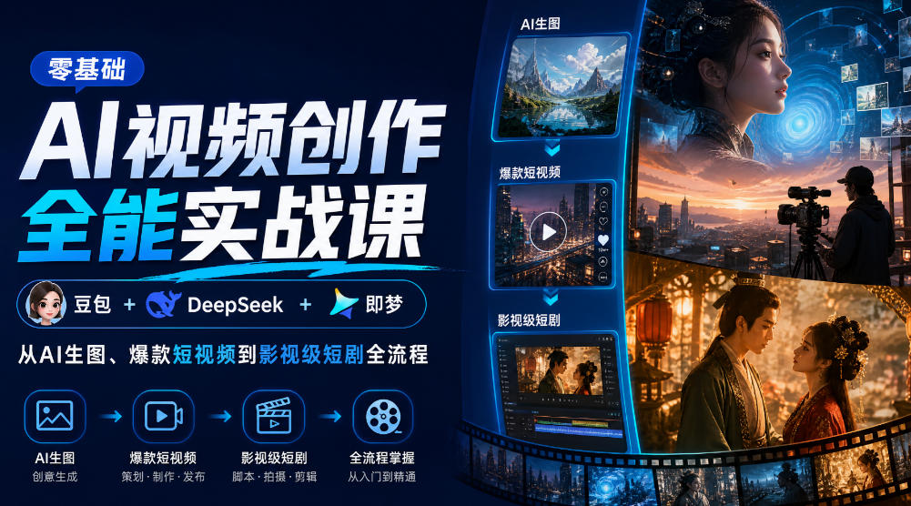零基础AI视频创作全能实战课｜豆包+DeepSeek+即梦，从AI生图、爆款短视频到影视级短剧全流程-知行阁轻创网-分享网络赚钱项目-全网首发副业项目实操平台-副业创业项目网