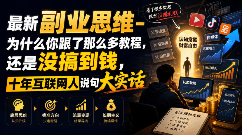最新副业思维-为什么你跟了那么多教程，还是没搞到钱，十年互联网人说句大实话【揭秘】-知行阁轻创网-分享网络赚钱项目-全网首发副业项目实操平台-副业创业项目网