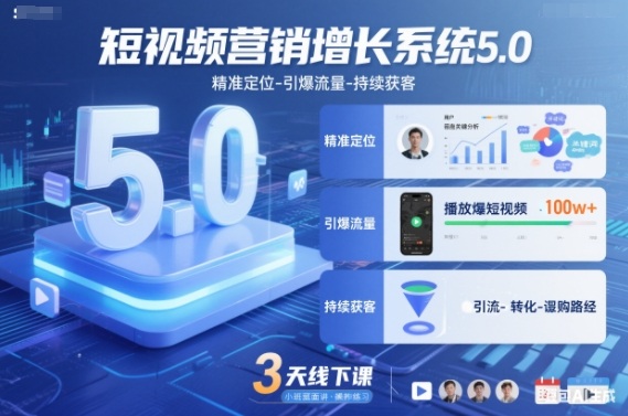 短视频营销增长系统5.0,精准定位-引爆流量-持续获客,3天线下课(音频+图片)-知行阁轻创网-分享网络赚钱项目-全网首发副业项目实操平台-副业创业项目网