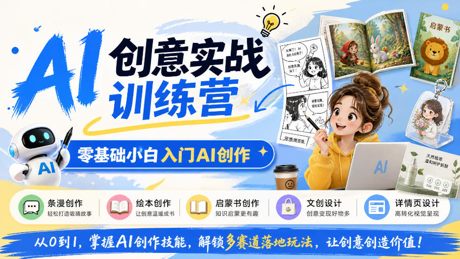 AI创意实战训练营，零基础小白入门AI创作，解锁条漫、绘本、启蒙书、文创、详情页多赛道落地玩法-知行阁轻创网-分享网络赚钱项目-全网首发副业项目实操平台-副业创业项目网