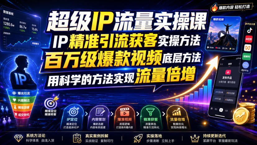 超级IP流量实操课，IP精准引流获客实操方法，百万级爆款视频底层方法，用科学的方法实现流量倍增-知行阁轻创网-分享网络赚钱项目-全网首发副业项目实操平台-副业创业项目网