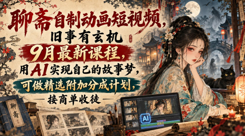 聊斋自制动画短视频，旧事有玄机9月最新课程，用AI实现自己的故事梦，可做精选附加分成计划，接商单收徒-知行阁轻创网-分享网络赚钱项目-全网首发副业项目实操平台-副业创业项目网