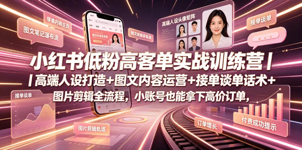 小红书低粉高客单实战训练营｜高端人设打造+图文内容运营+接单谈单话术+图片剪辑全流程，小账号也能拿下高价订单-知行阁轻创网-分享网络赚钱项目-全网首发副业项目实操平台-副业创业项目网