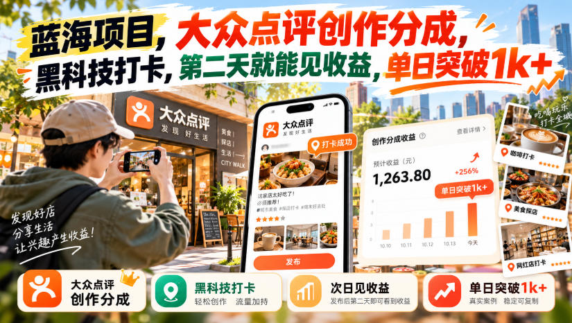 蓝海项目，大众点评创作分成，黑科技打卡，第二天就能见收益，单日突破1k+【揭秘】-知行阁轻创网-分享网络赚钱项目-全网首发副业项目实操平台-副业创业项目网