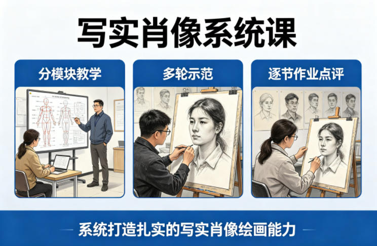 写实肖像系统课,全程分模块教学+多轮示范+逐节作业点评,系统打造扎实的写实肖像绘画能力-知行阁轻创网-分享网络赚钱项目-全网首发副业项目实操平台-副业创业项目网