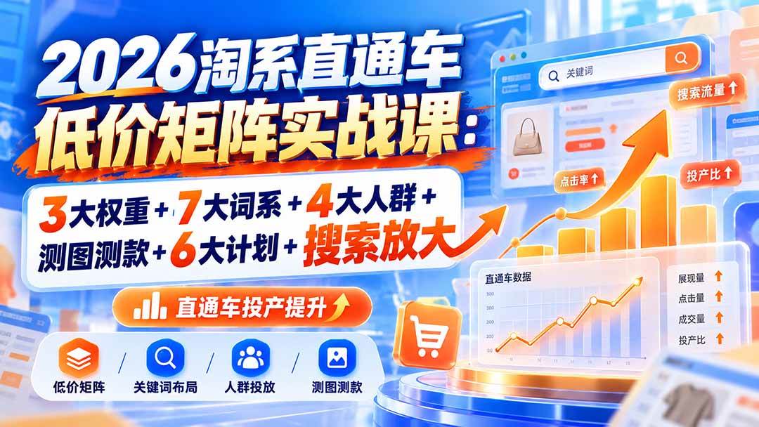 （20761期）2026淘系直通车低价矩阵实战课：3大权重+7大词系+4大人群+测图测款+6大计划+搜索放大-知行阁轻创网-分享网络赚钱项目-全网首发副业项目实操平台-副业创业项目网