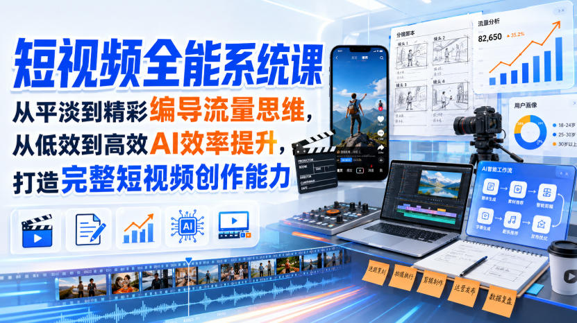 短视频全能系统课,从平淡到精彩编导流量思维,从低效到高效AI效率提升,打造完整短视频创作能力(2026年8月30更新233集)-知行阁轻创网-分享网络赚钱项目-全网首发副业项目实操平台-副业创业项目网