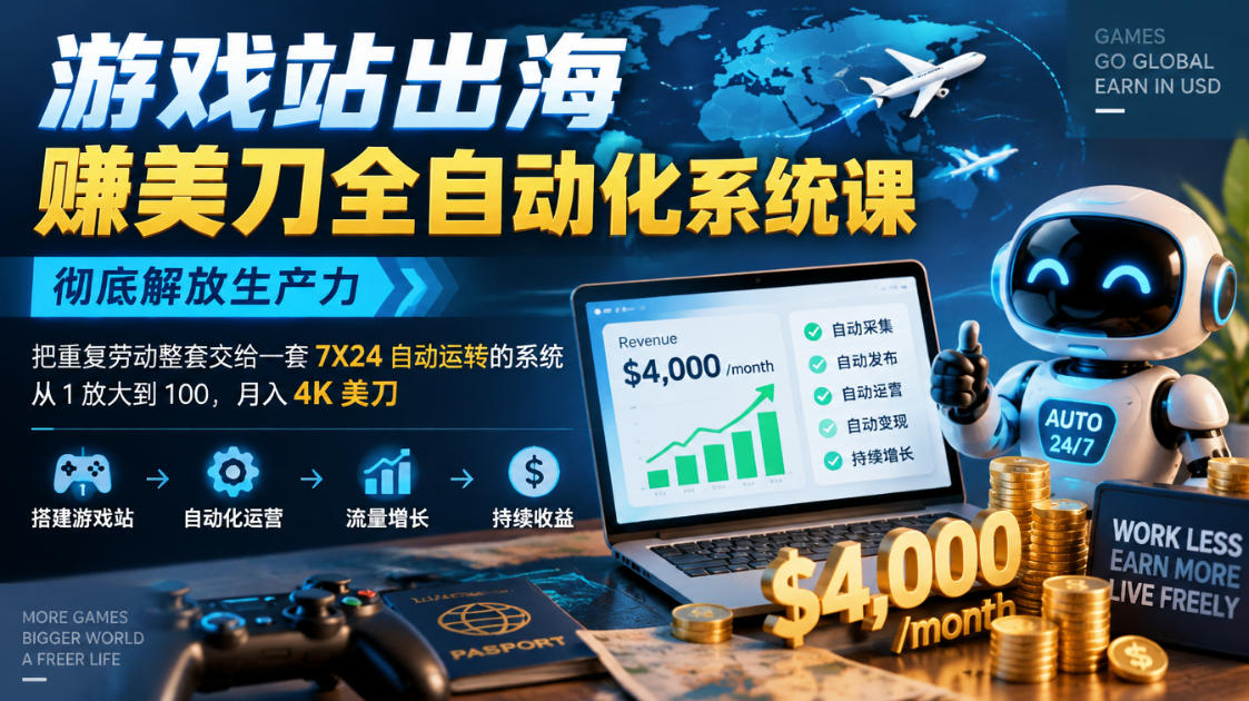游戏站出海賺美刀全自动化系统课，彻底解放生产力–把重复劳动整套交给一套7X24自动运转的系统，从1放大到100，月入4K美刀-知行阁轻创网-分享网络赚钱项目-全网首发副业项目实操平台-副业创业项目网