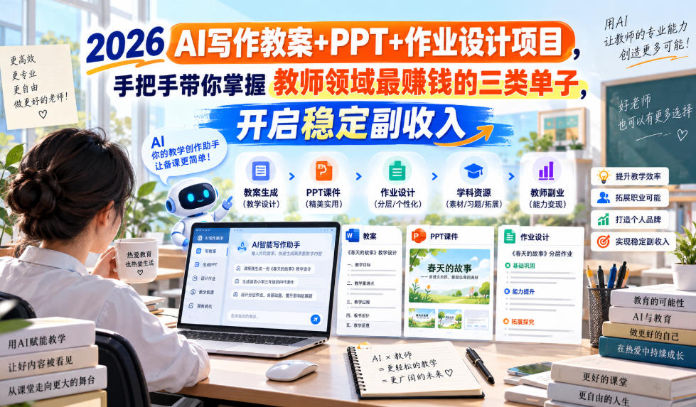 2026 AI写作教案+PPT+作业设计项目，手把手带你掌握教师领域最賺钱的三类单子，开启稳定副收入-知行阁轻创网-分享网络赚钱项目-全网首发副业项目实操平台-副业创业项目网