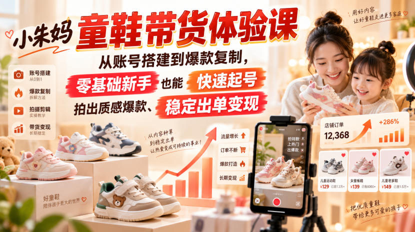 小朱妈童鞋带货体验课，从账号搭建到爆款复制，零基础新手也能快速起号、拍出质感爆款、稳定出单变现-知行阁轻创网-分享网络赚钱项目-全网首发副业项目实操平台-副业创业项目网