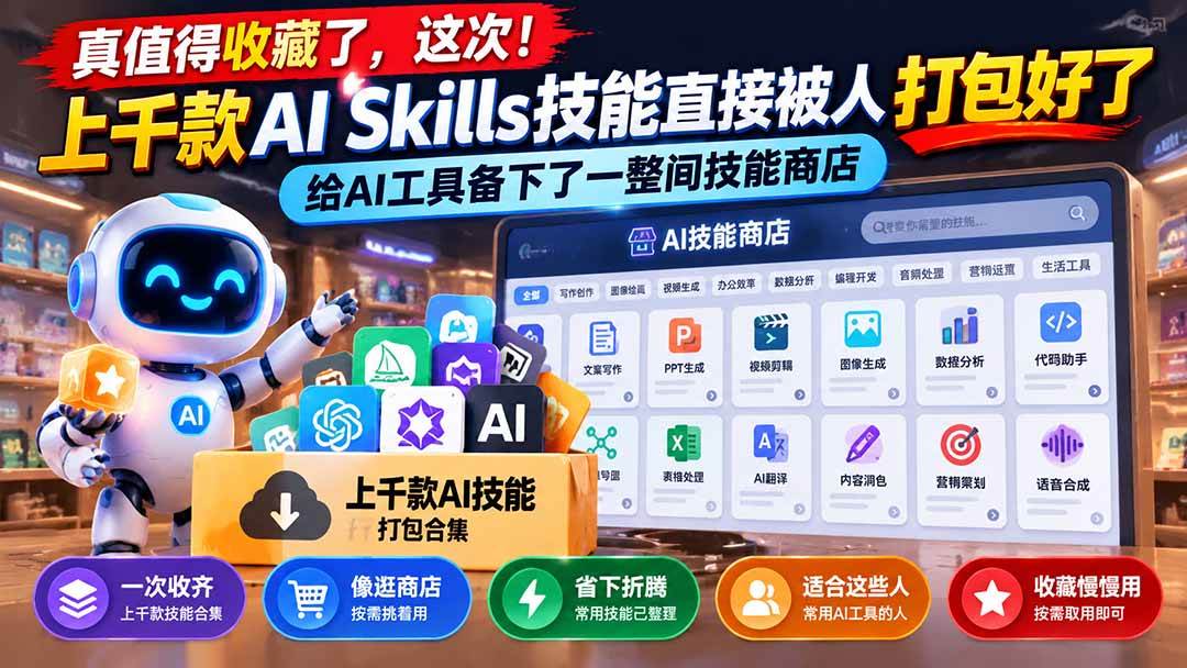 (21096期)真值得收藏了,这次!上千款AI Skills技能直接被人打包好了,给AI工具备下了一整间技能商店 (21096期)真值得收藏了,这次!上千款AI Skills技能直接被人打包好了,给AI工具备下了一整间技能商店