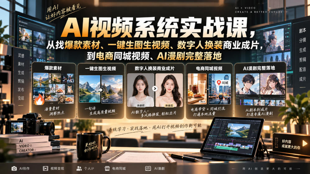 AI视频系统实战课，从找爆款素材、一键生图生视频、数字人换装商业成片，到电商同城视频、AI漫剧完整落地-知行阁轻创网-分享网络赚钱项目-全网首发副业项目实操平台-副业创业项目网