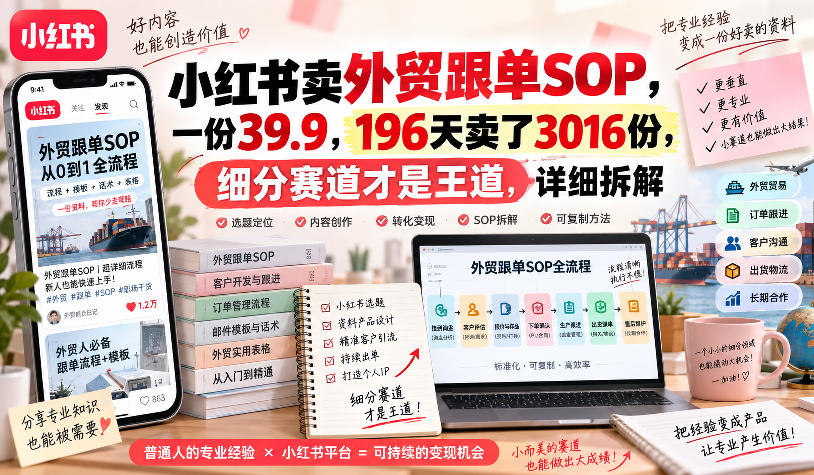 小红书卖外贸跟单sop，一份39.9，196天卖了3016份，细分赛道才是王道，详细拆解-知行阁轻创网-分享网络赚钱项目-全网首发副业项目实操平台-副业创业项目网