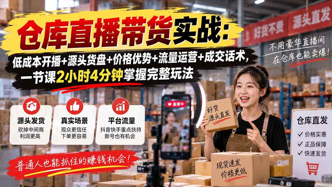 （20471期）仓库直播带货实战：低成本开播+源头货盘+价格优势+流量运营+成交话术，一节课2小时4分钟掌握完整玩法-知行阁轻创网-分享网络赚钱项目-全网首发副业项目实操平台-副业创业项目网