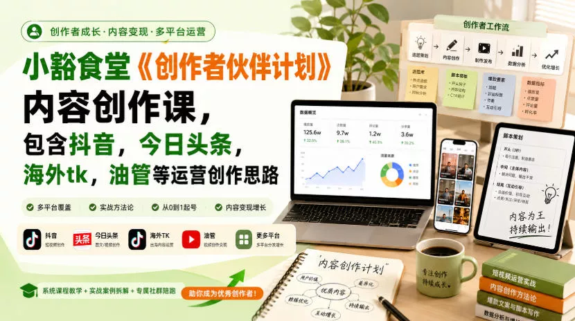 小豁食堂《创作者伙伴计划》内容创作课，包含抖音，今日头条，海外tk，油管等运营创作思路-知行阁轻创网-分享网络赚钱项目-全网首发副业项目实操平台-副业创业项目网