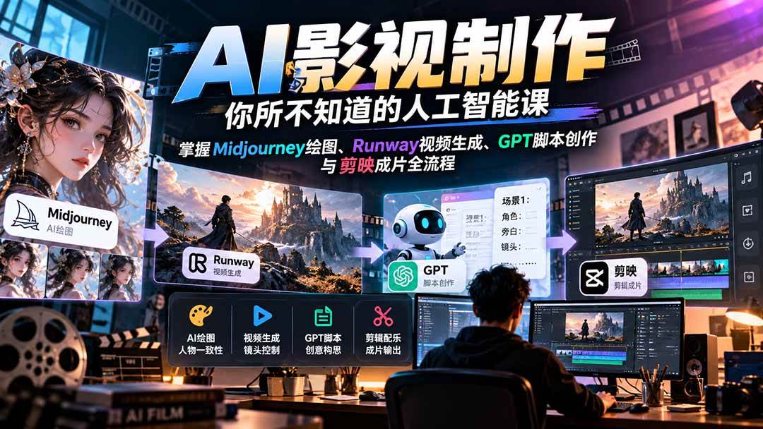 （20681期）AI影视制作-你所不知道的人工智能课，掌握Midjourney绘图、Runway视频生成、GPT脚本创作与剪映成片全流程-知行阁轻创网-分享网络赚钱项目-全网首发副业项目实操平台-副业创业项目网