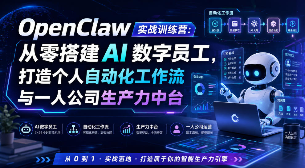 OpenClaw实战训练营：从零搭建AI数字员工，打造个人自动化工作流与一人公司生产力中台-知行阁轻创网-分享网络赚钱项目-全网首发副业项目实操平台-副业创业项目网