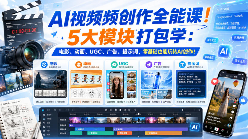 AI视频频创作全能课！5大模块打包学：电影、动画、UGC、广告、提示词，零基础也能玩转AI创作！【原创双语字幕】-知行阁轻创网-分享网络赚钱项目-全网首发副业项目实操平台-副业创业项目网